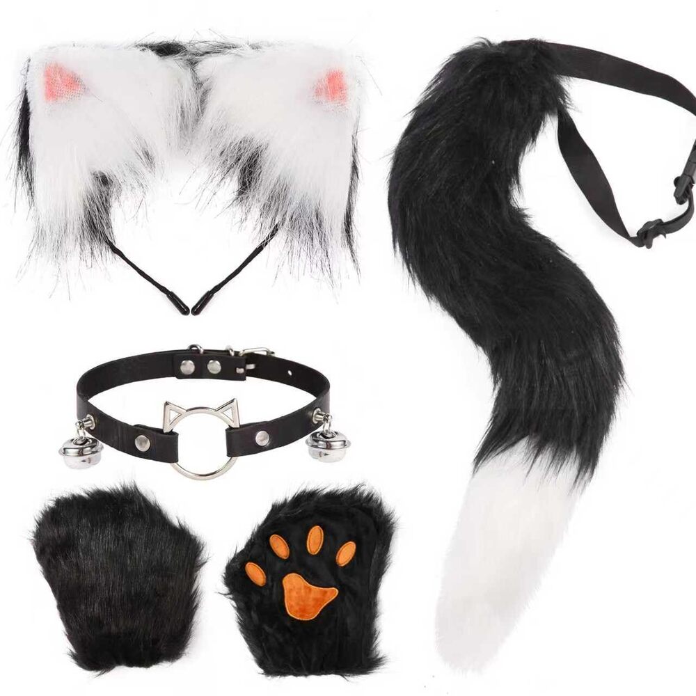 8994 4 Pcs Faux Fur Therian Mask And Tail Set For Halloween